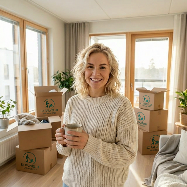 Tyytyväinen asiakas uudessa kodissaan